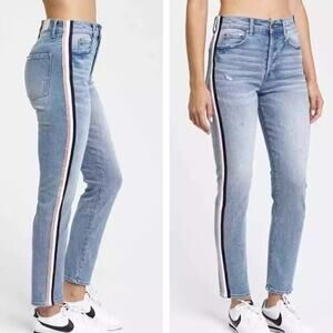 Pistola Nico Half Court Metallic Side Stripe Distressed Mom Jeans Blue Womens 27